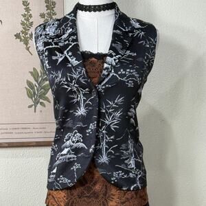 Vintage 90s Y2k Chico's Black White Asian Inspired Print Vest Size 1 Women's M